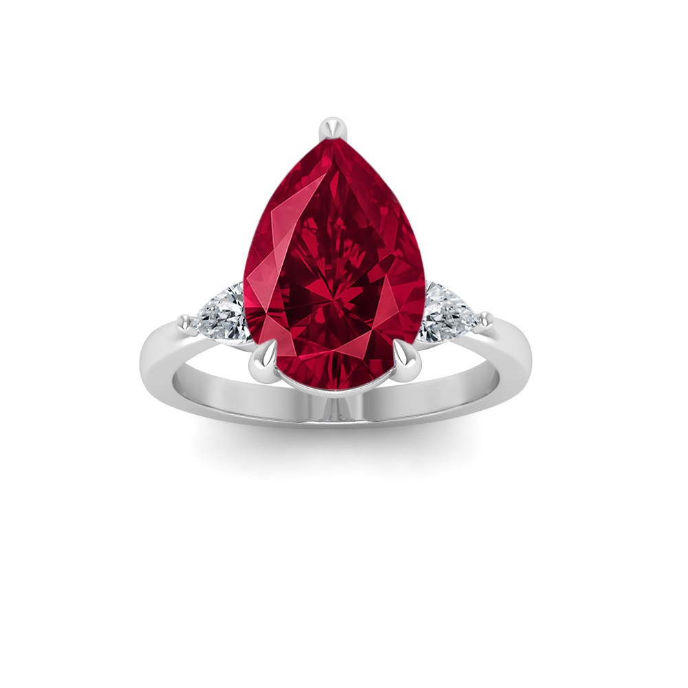 5 Ct Pear Ruby & Lab Diamond Three Stone Whisper Engagement Ring