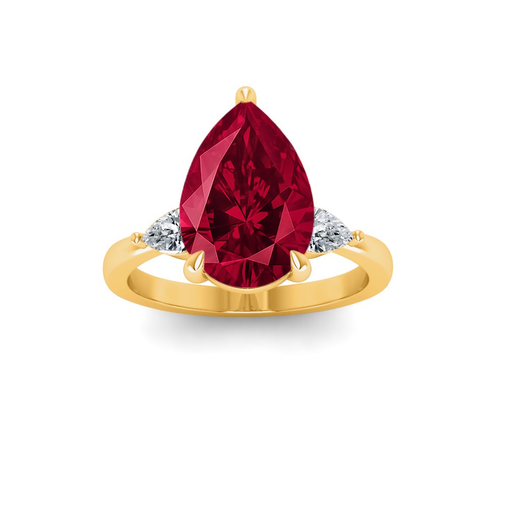 5 Ct Pear Ruby & Lab Diamond Three Stone Whisper Engagement Ring