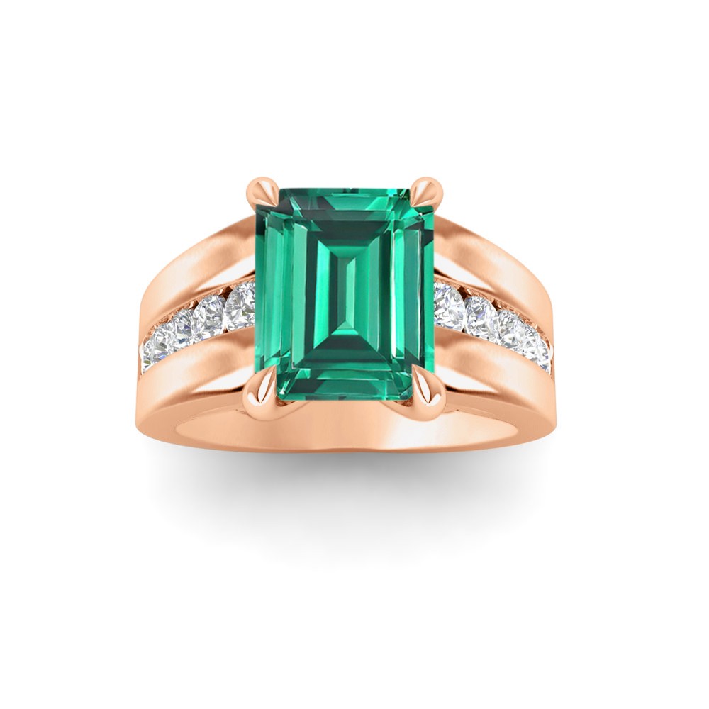 5 Ct Emerald Cut Emerald & Lab Diamond Channel Set Wide Band Engagement Ring