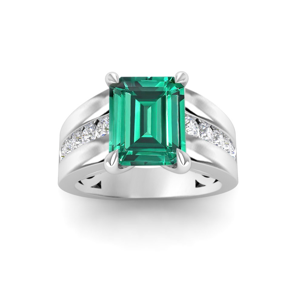 5 Ct Emerald Cut Emerald & Lab Diamond Channel Set Wide Band Engagement Ring