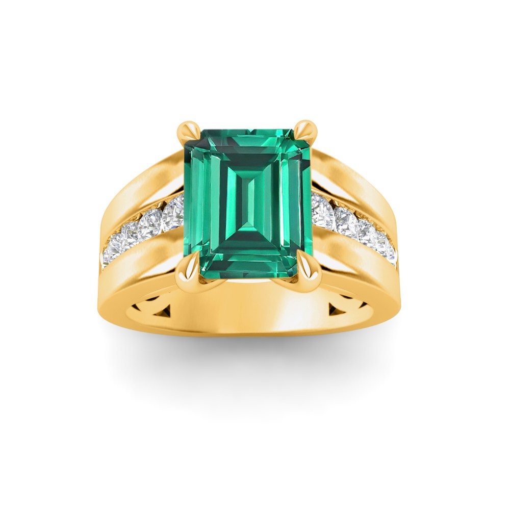 5 Ct Emerald Cut Emerald & Lab Diamond Channel Set Wide Band Engagement Ring