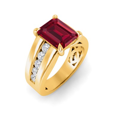 5 Ct Emerald Cut Ruby & Lab Diamond Channel Set Wide Band Engagement Ring