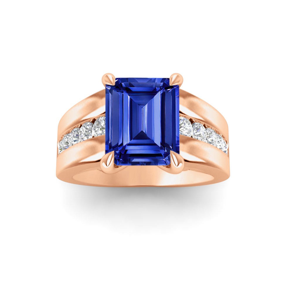 5 Ct Emerald Cut Sapphire & Lab Diamond Channel Set Wide Band Engagement Ring