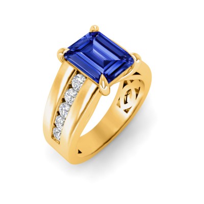 5 Ct Emerald Cut Sapphire & Lab Diamond Channel Set Wide Band Engagement Ring