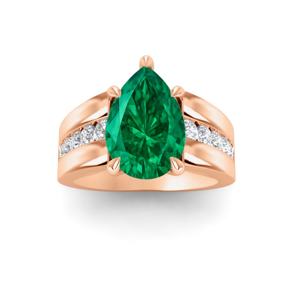 5 Ct Pear Emerald & Lab Diamond Channel Set Wide Band Engagement Ring