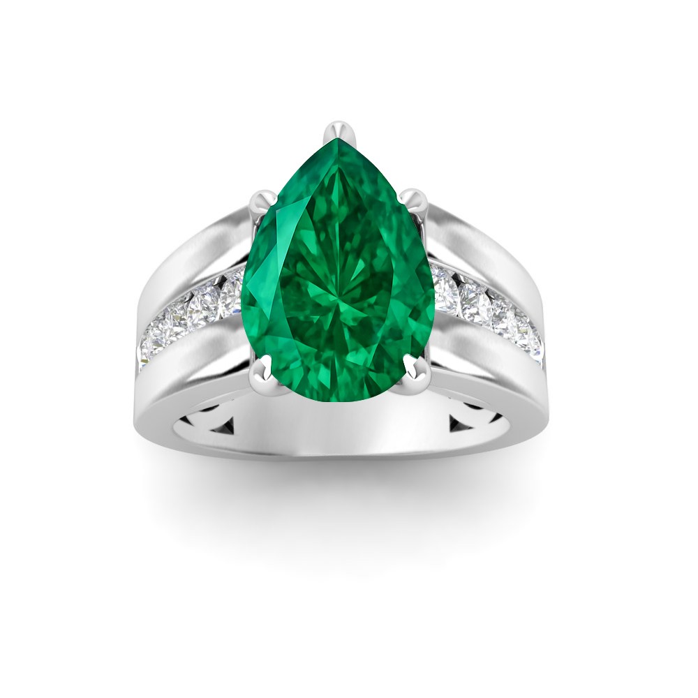 5 Ct Pear Emerald & Lab Diamond Channel Set Wide Band Engagement Ring