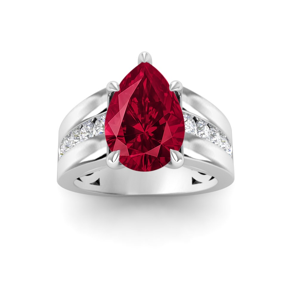 5 Ct Pear Ruby & Lab Diamond Channel Set Wide Band Engagement Ring