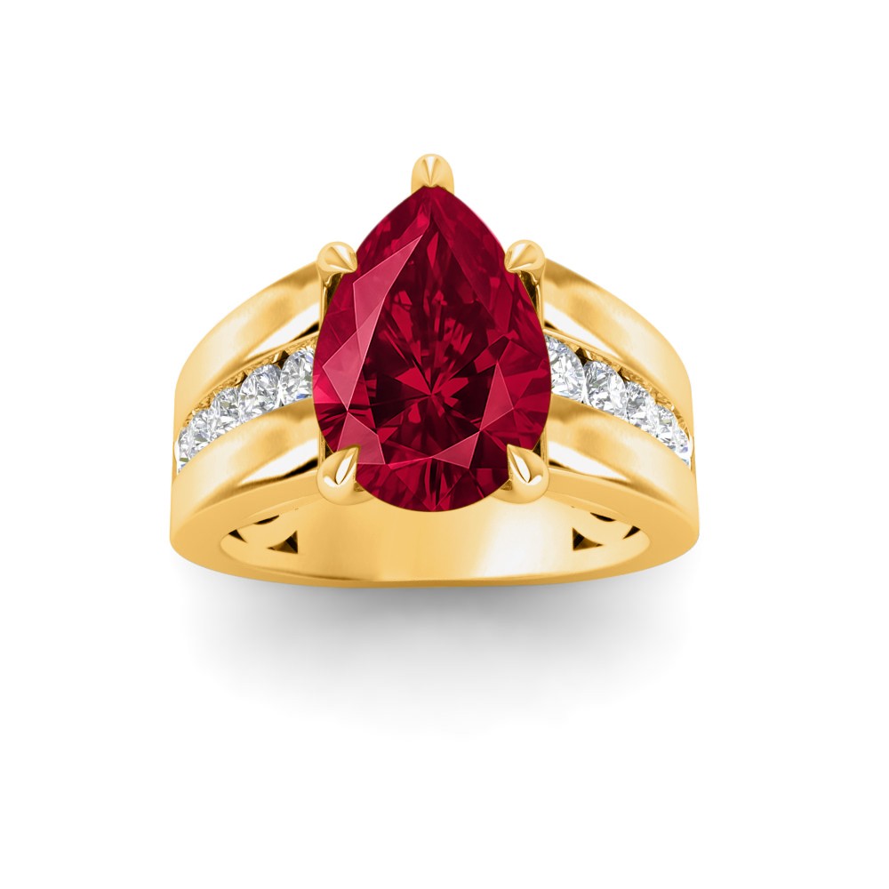5 Ct Pear Ruby & Lab Diamond Channel Set Wide Band Engagement Ring