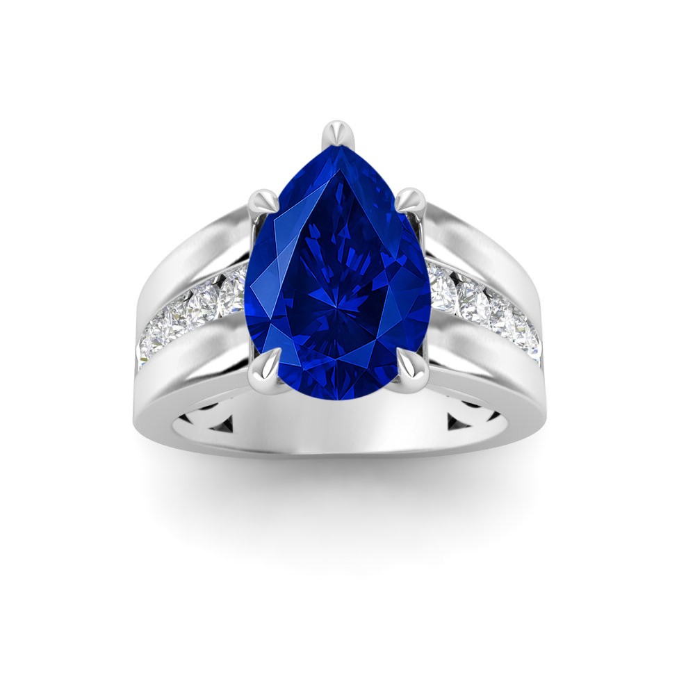 5 Ct Pear Sapphire & Lab Diamond Channel Set Wide Band Engagement Ring