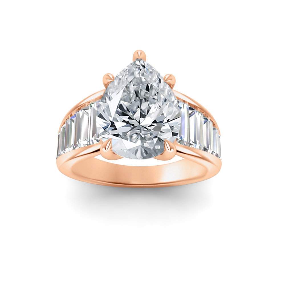2 Ct Pear Colorless Lab Diamond Wide Baguette Cut Engagement Ring