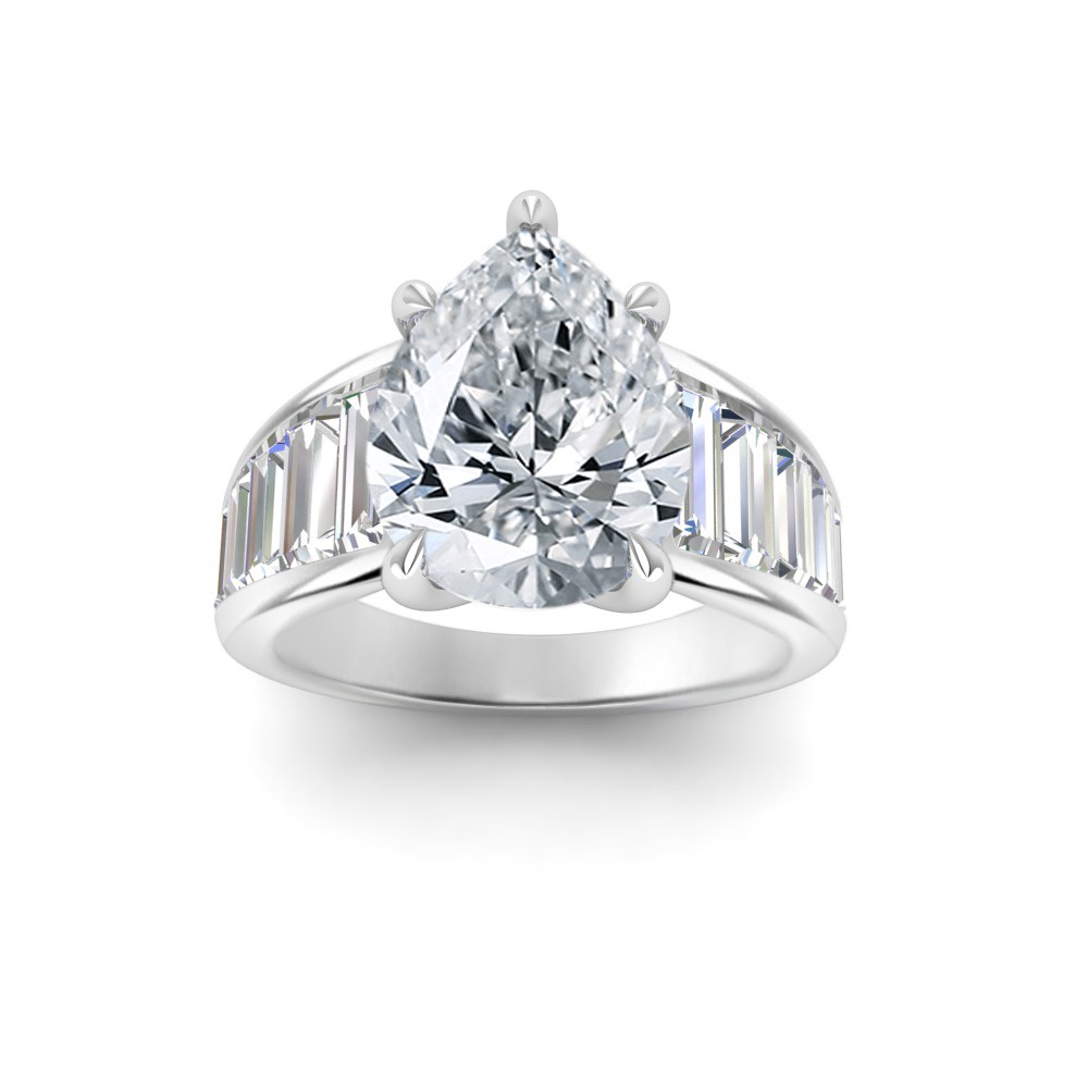 6 Ct Pear Lab Diamond Wide Baguette Cut Engagement Ring