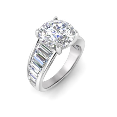 4 Ct Round Lab Diamond Wide Baguette Cut Engagement Ring