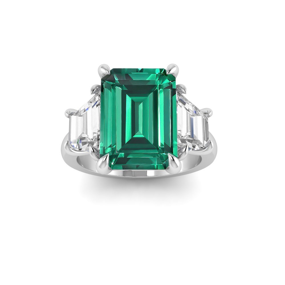 5 Ct Emerald Cut Emerald & Lab Diamond Trapezoid Three Stone Engagement Ring