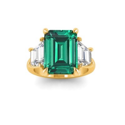 5 Ct Oval Emerald & Lab Diamond Trapezoid Three Stone Engagement Ring
