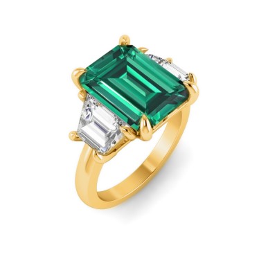 5 Ct Oval Emerald & Lab Diamond Trapezoid Three Stone Engagement Ring