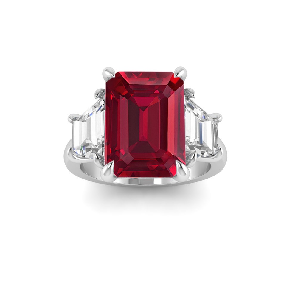 5 Ct Oval Ruby & Lab Diamond Trapezoid Three Stone Engagement Ring