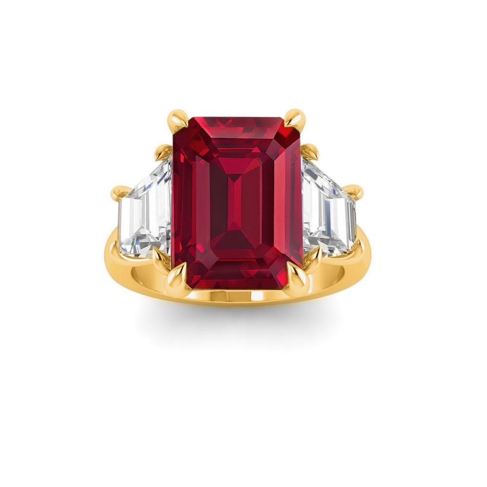 5 Ct Emerald Cut Ruby & Lab Diamond Trapezoid Three Stone Engagement Ring