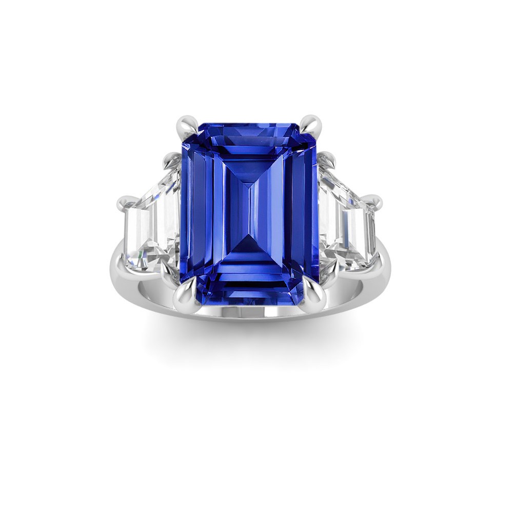 5 Ct Oval Sapphire & Lab Diamond Trapezoid Three Stone Engagement Ring