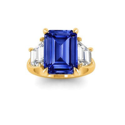 5 Ct Oval Sapphire & Lab Diamond Trapezoid Three Stone Engagement Ring