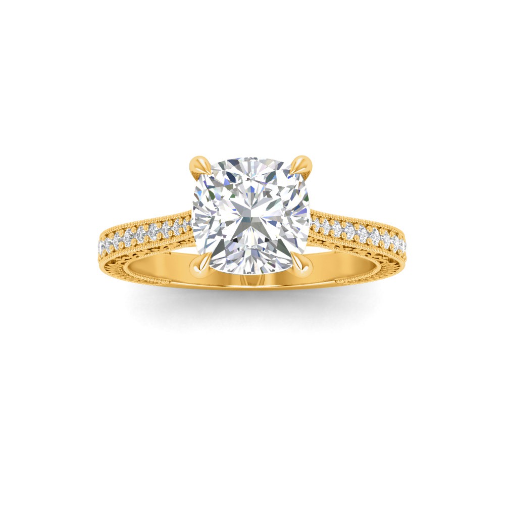 2 Ct Cushion Lab Diamond Classic Milgrain Diamond Band Engagement Ring