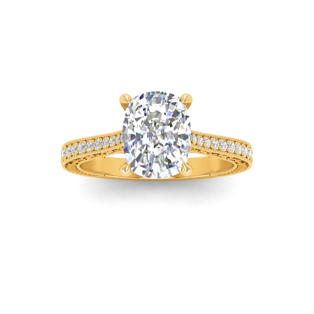 2 Ct Elongated Cushion Lab Diamond Classic Milgrain Diamond Band Engagement Ring