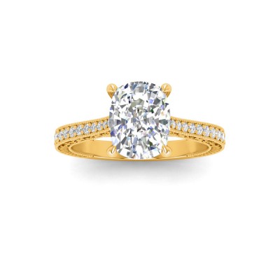 2 Ct Elongated Cushion Lab Diamond Classic Milgrain Diamond Band Engagement Ring
