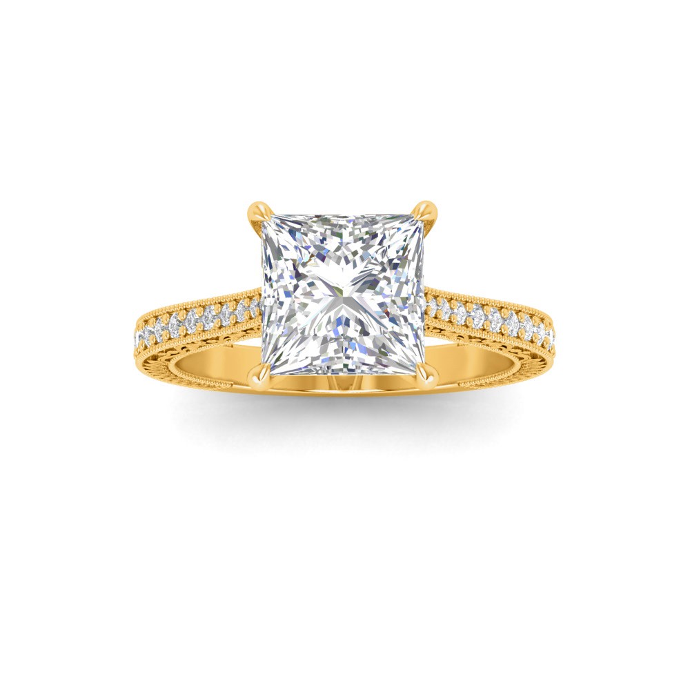 1 Ct Princess Lab Diamond Classic Milgrain Diamond Band Engagement Ring