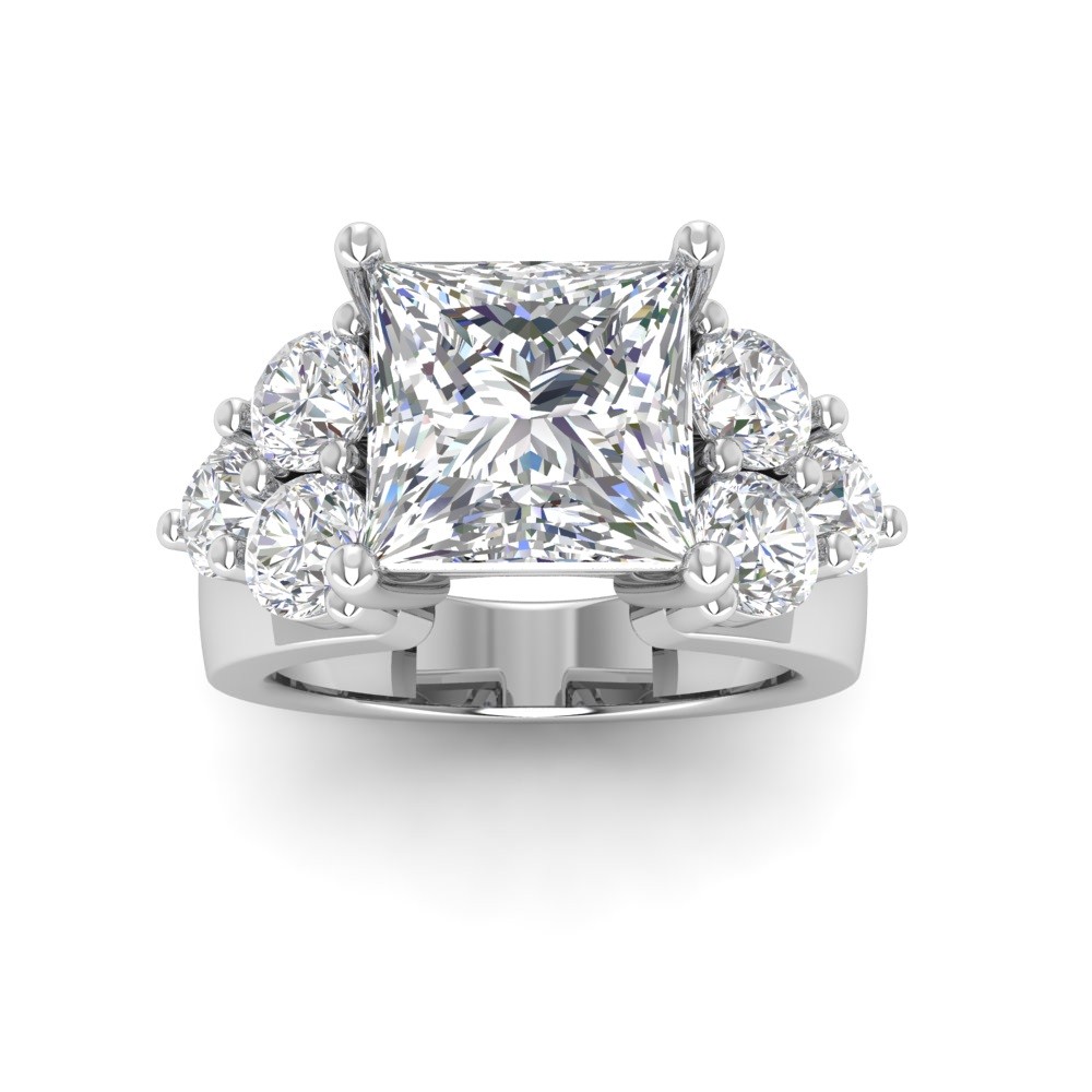 6 Ct Princess Lab Diamond & 2 Ctw Cluster Wide Band Engagement Ring