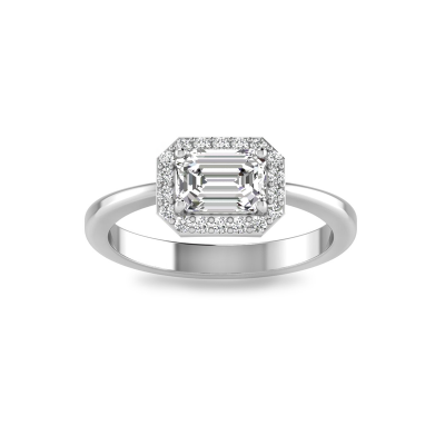 1 Ct Emerald Cut Moissanite & 0.10 Ctw Diamond Halo Engagement Ring