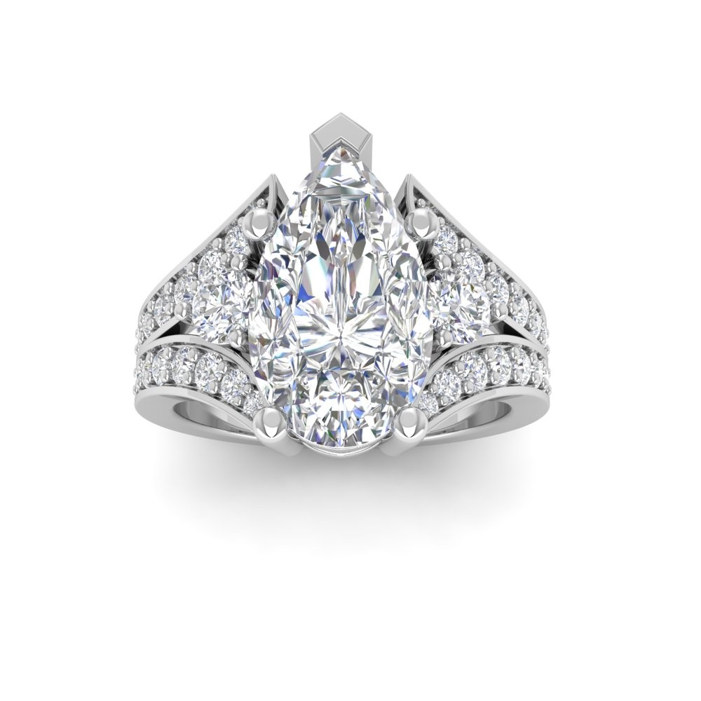 6 Ct Pear Moissanite & 1 Ctw Lab Diamond Split Shank Wide Band Engagement Ring