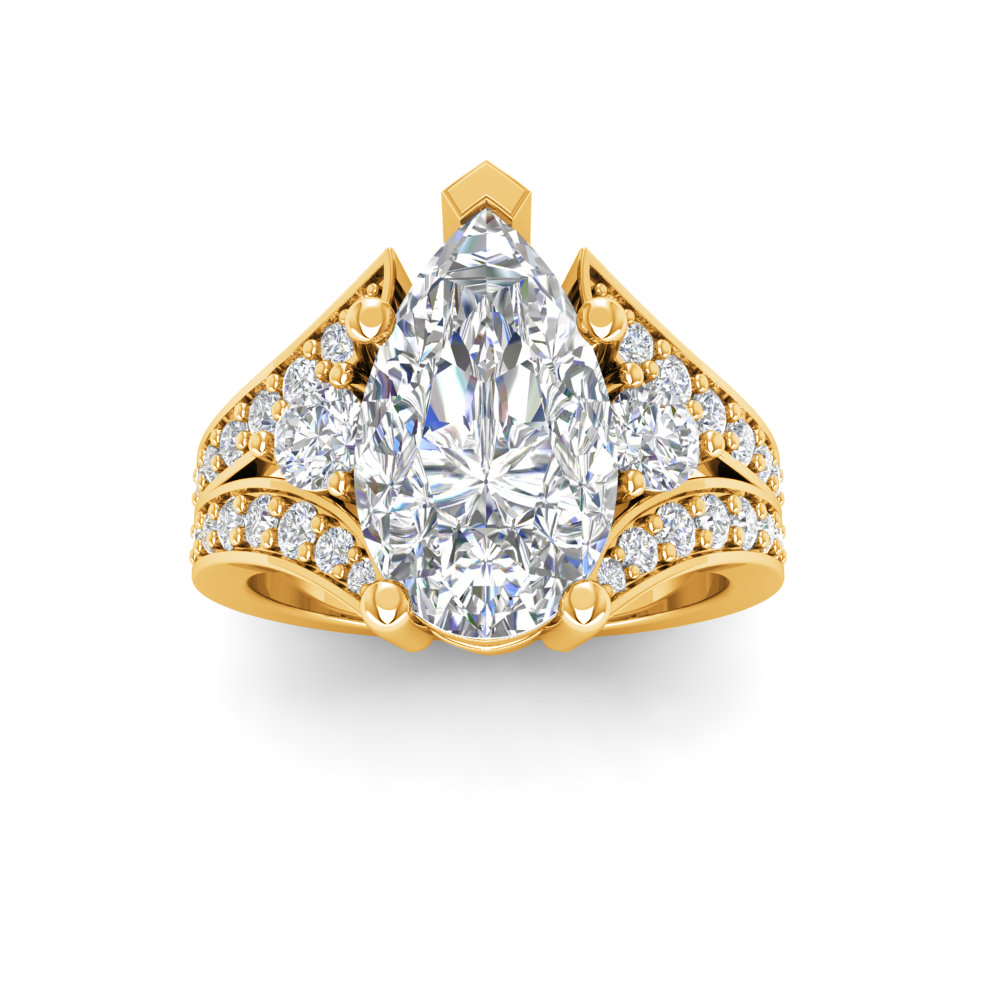 2 Ct Pear Moissanite & 1 Ctw Lab Diamond Split Shank Wide Band Engagement Ring