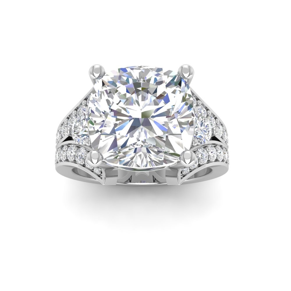 6 Ct Cushion Moissanite & 1 Ctw Lab Diamond Split Shank Wide Band Engagement Ring