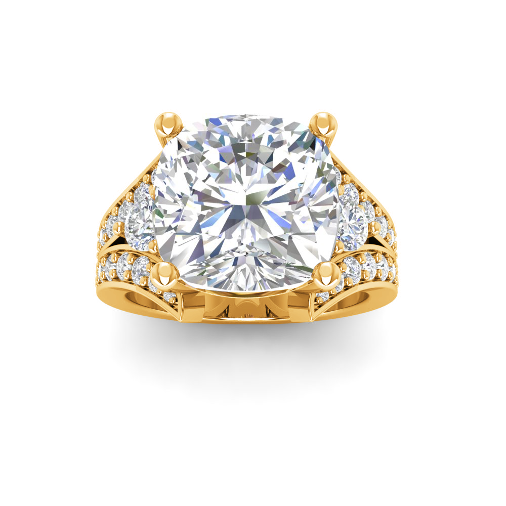 5 Ct Cushion Moissanite & 1 Ctw Lab Diamond Split Shank Wide Band Engagement Ring