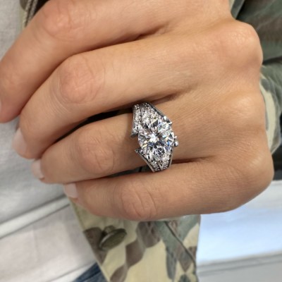 2 Ct Elongated Cushion Moissanite & 1 Ctw Lab Diamond Split Shank Wide Band Engagement Ring
