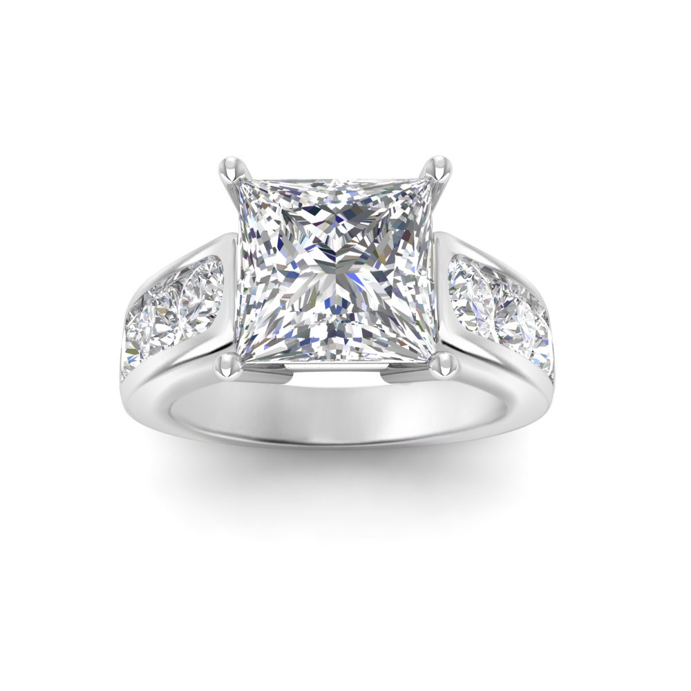 5 Ct Princess Moissanite & 1.44 Ctw Lab Diamond Channel Set Wide Band Engagement Ring