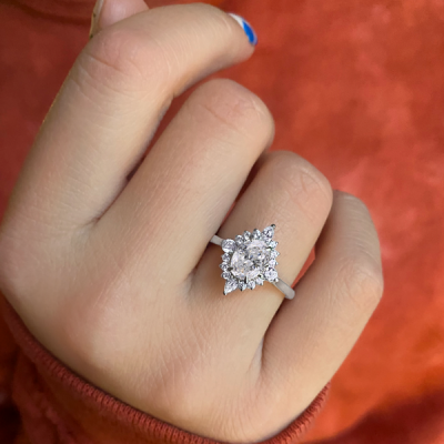 2 Ctw Oval Stone Vintage Flora Sunburst Halo Engagement Ring