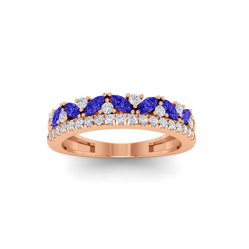 Dainty Round Colorless Lab Diamonds & Marquise Sapphires Double Band Wedding Ring