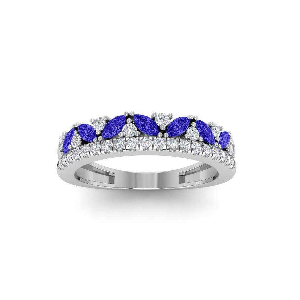 Dainty Round Colorless Lab Diamonds & Marquise Sapphires Double Band Wedding Ring