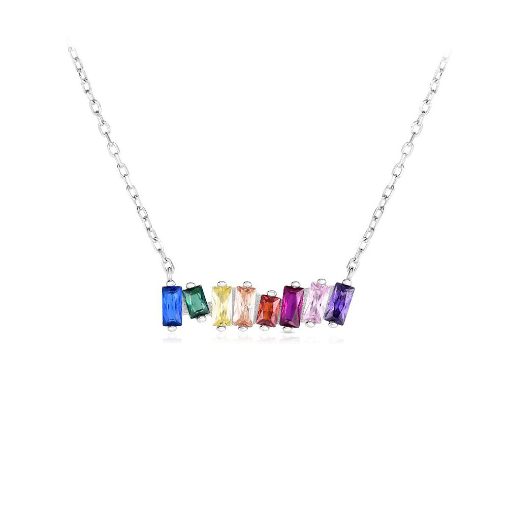 Silver Rainbow CZ Baguette Horizontal Bar Necklace