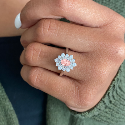 .50 Ct Oval Morganite & .66 ctw Diamond Sunburst Halo Engagement Ring