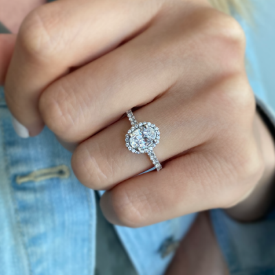 1 Ct Oval Lab Diamond & .40 Ctw Diamond Pavé Halo Engagement Ring