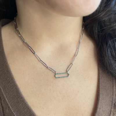 Silver Green CZ Pavé Hexagon Pendant Paperclip Necklace