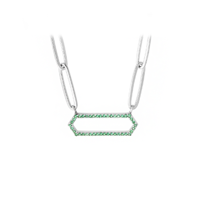 Silver Green CZ Pavé Hexagon Pendant Paperclip Necklace