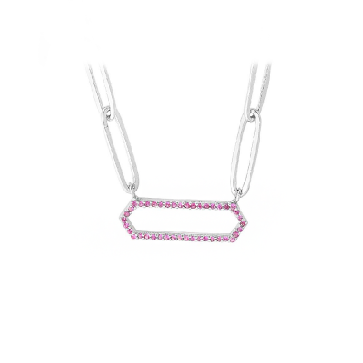 Silver Pink CZ Pavé Hexagon Pendant Paperclip Necklace