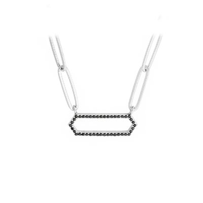 Silver Black CZ Pavé Hexagon Pendant Paperclip Necklace