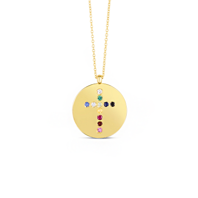 Gold Rainbow Gemstone Cross Round Charm Necklace