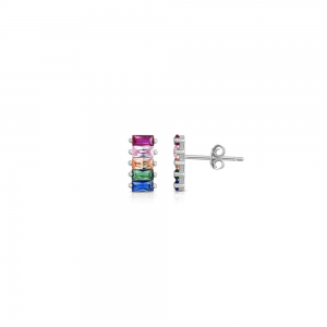 Silver Rainbow CZ Baguette Bar Stud Earring