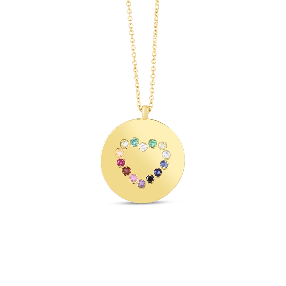 Gold Rainbow Gemstone Heart Round Charm Necklace