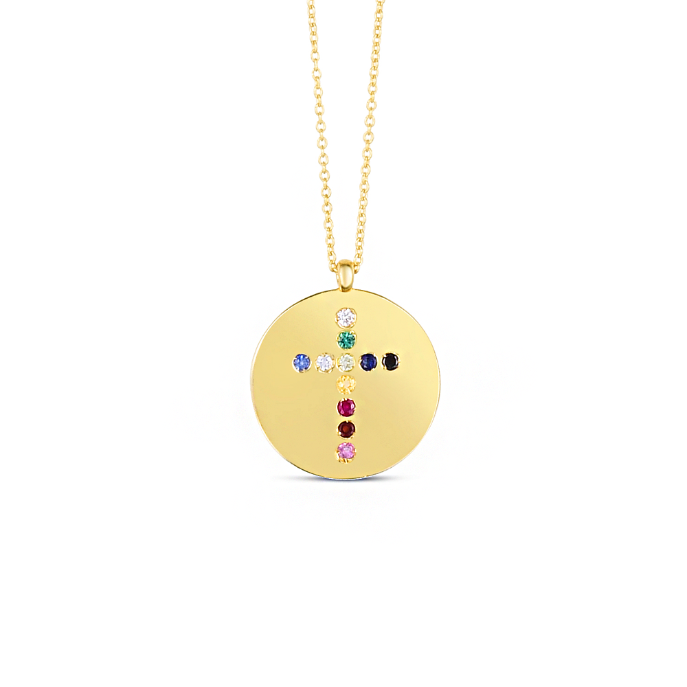 Gold Rainbow Gemstone Cross Round Charm Necklace