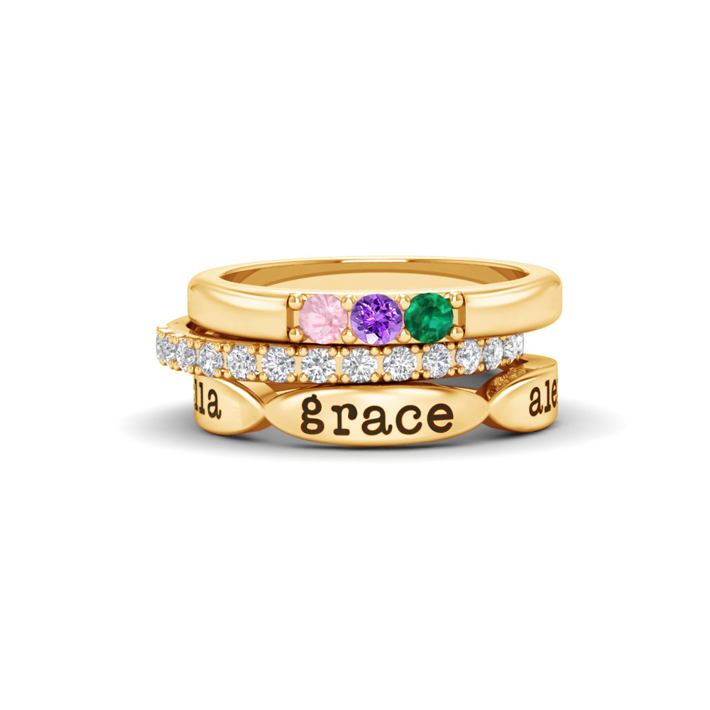 Mama of Three Birthstone Personalized Ring Stack